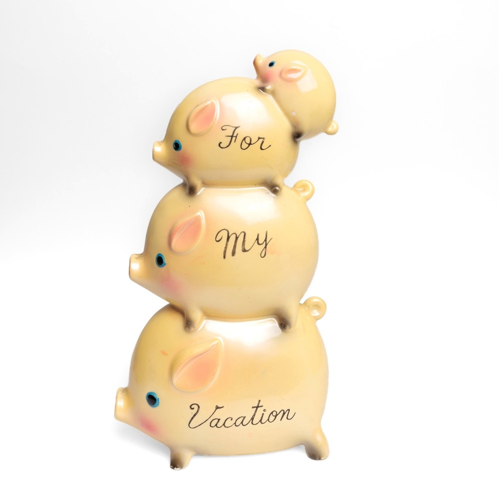 Vintage Yellow Ceramic Stacked Pigs Piggy Bank For My Vacation Mid-Century